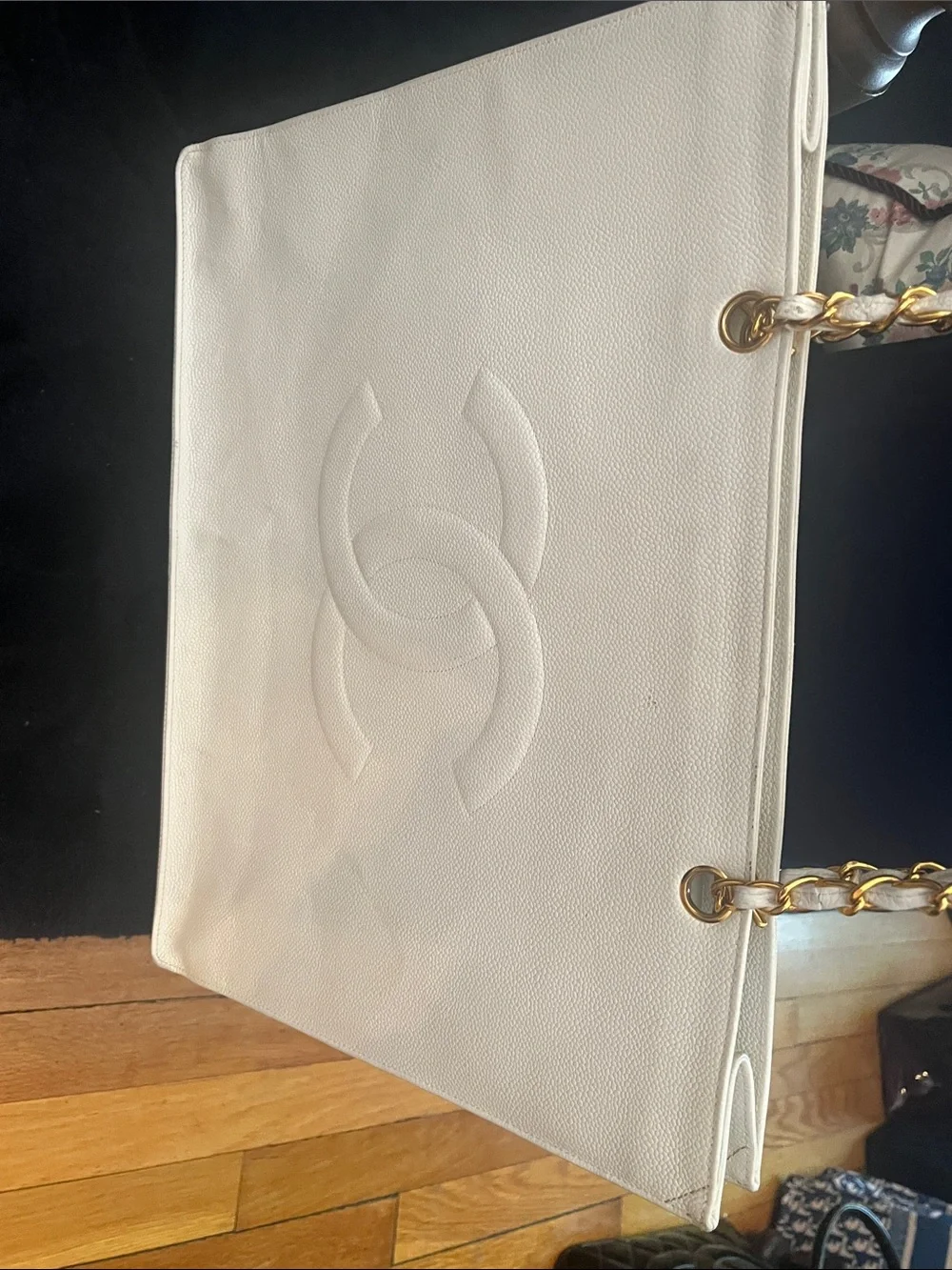 CHANEL White Large Tote with Gold Chain-Strap Detail